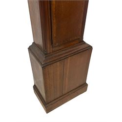 John Watts of Canterbury - early 18th century 8-day oak longcase clock, with a flat topped hood, broad cornice, dentil moulding and blind fret beneath, baluster turned pilasters with wooden capitals flanking the square hood door, trunk with recessed beaded edge and a long ogee topped door with crossbanding, plinth with applied skirting, square brass dial with matching steel hands, cast spandrels and a matted and engraved centre, date aperture, seconds ring and ring turned winding apertures, silvered chapter ring with Roman numerals, five minute Arabics, minute and quarter hour tracks, five pillar movement with a recoil anchor escapement and inside countwheel strike, sounding the hours on a bell. With weights and pendulum.