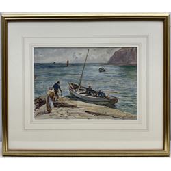 Robert Jobling (Staithes Group 1841-1923): Preparing to Launch a Coble at Staithes, watercolour signed and dated '11, 23cm x 33cm