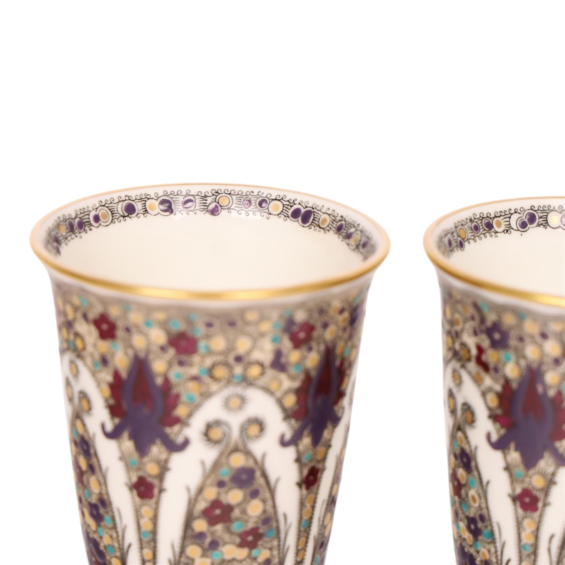 Pair of early 20th century Royal Worcester shape 2601 vases, painted with peacock feather design, marked in puce to base H16.5cm 