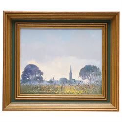 Tom Harland (Yorkshire 1945-2012): 'A Rash of Buttercups - South Dawton', oil on canvas signed, titled verso 20cm x 25cm