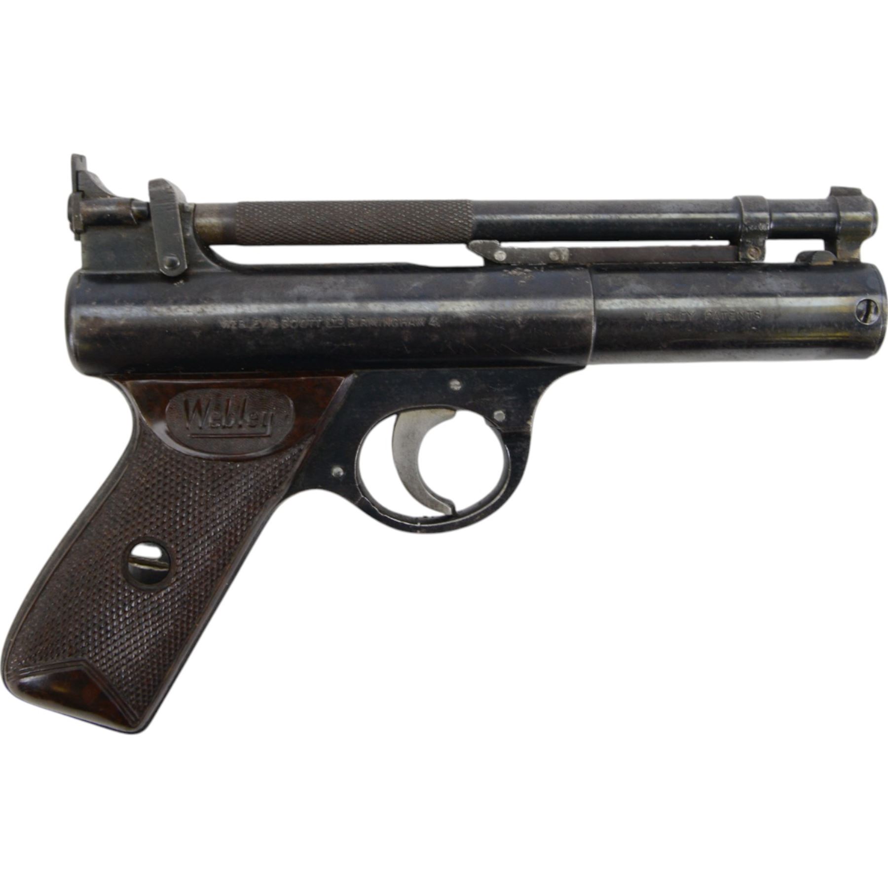 Webley Senior .22 air pistol, batch 209, the air chamber marked The Webley Senior, made in England, Webley & Scott Ltd Birmingham 4, Webley Patent, with checkered grip, H14cm, L19cm, together with book Webley Air Pistols; their history and development by Gordon Bruce 