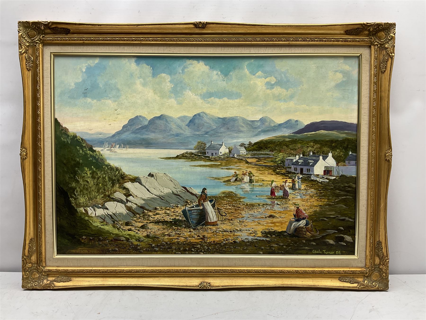 Sheila Turner (British 1941-): Ladies Working on the Shore, oil on board signed and dated '88, 50cm x 74cm