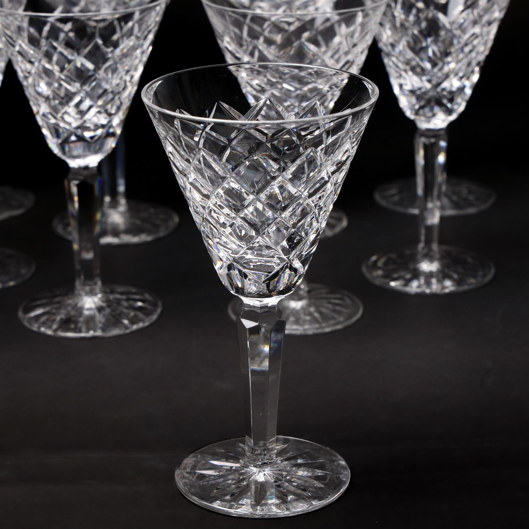 Set of Waterford Tyrone pattern table glass comprising six Hock glasses, six claret glasses, six tumblers and seven sherry glasses