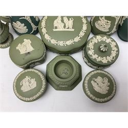 Collection of  Wedgwood green Jasperware, to include large jug, vases, trinket dishes, etc together with two teal Jasperware vases 