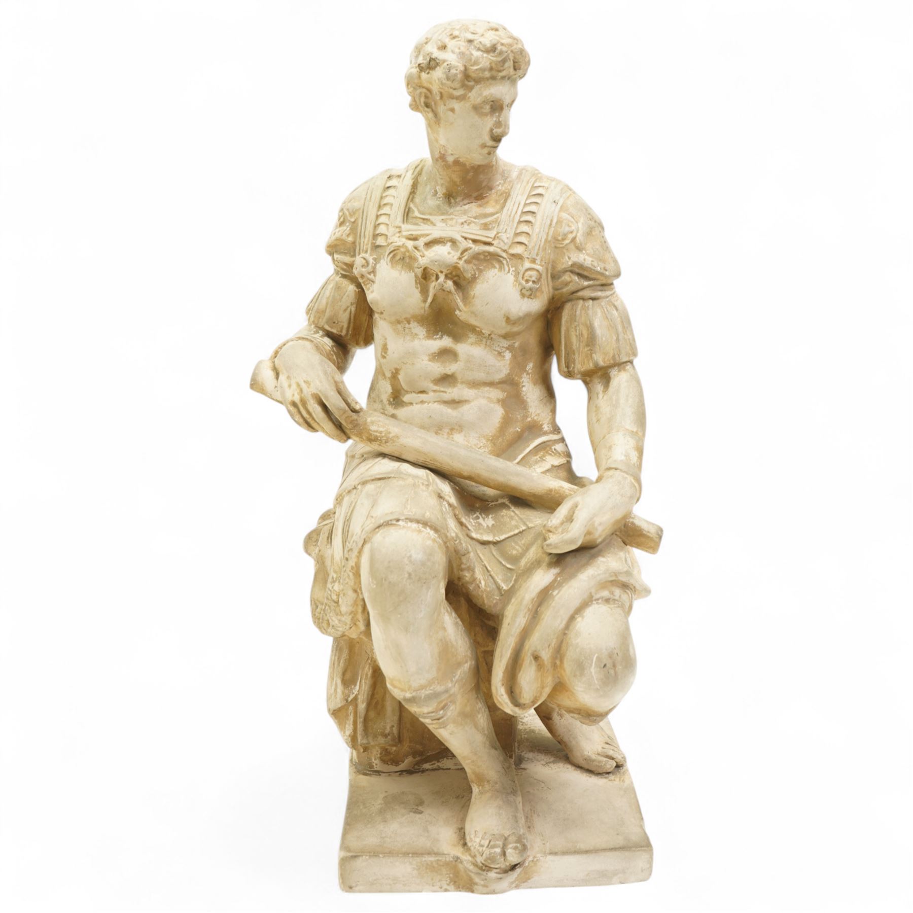 After Michelangelo (Italian 1475-1564) 19th century Florentine plaster figure of Guiliano de Medici as a Roman consul, impressed mark to base H44cm 