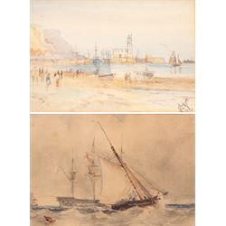 English School (19th Century): Ships at Sea, watercolour signed, in carved Florentine gilt...