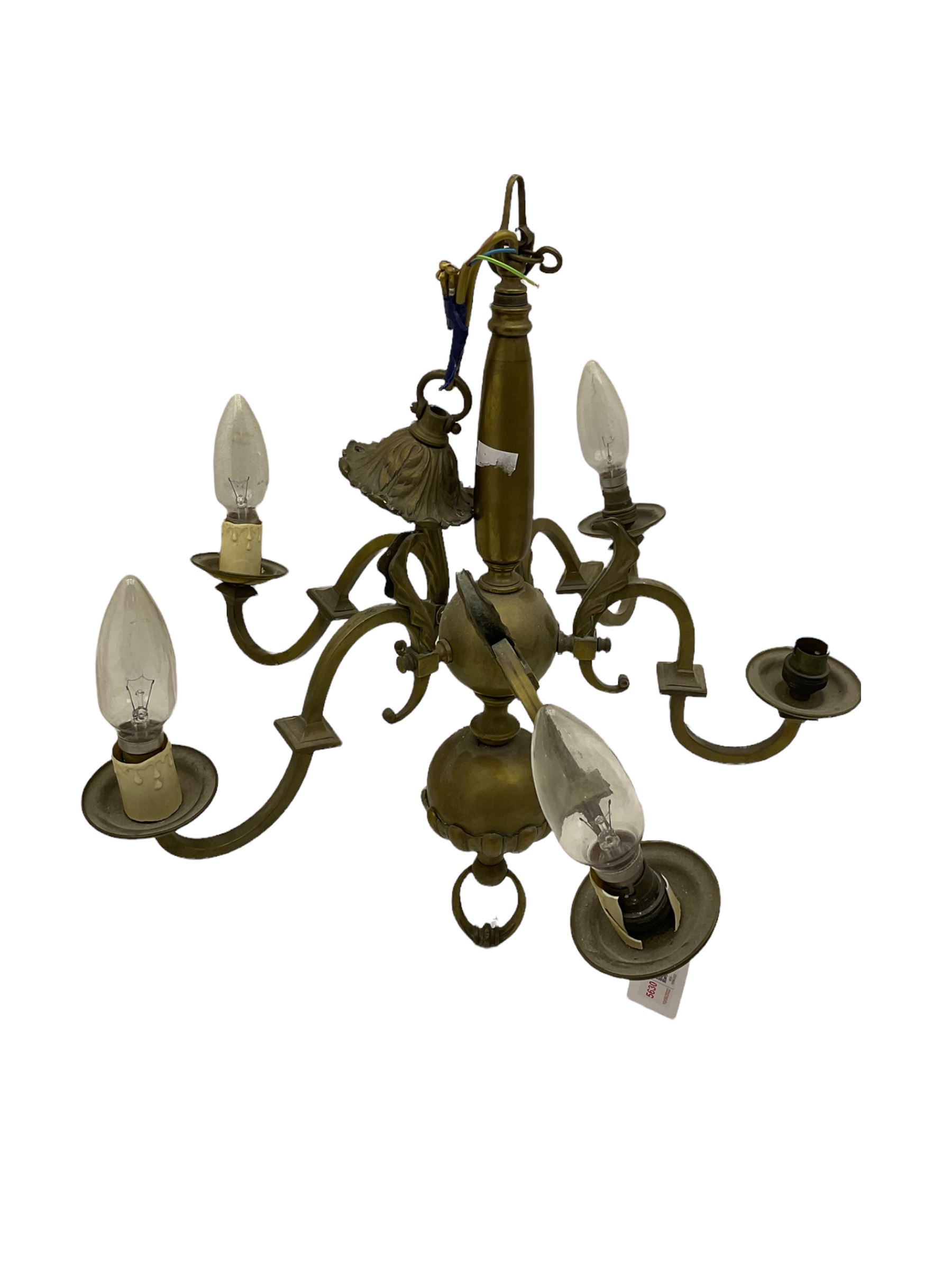 Brass twelve branch chandelier, heavy brass five branch chandelier and a modern light fitting (3)