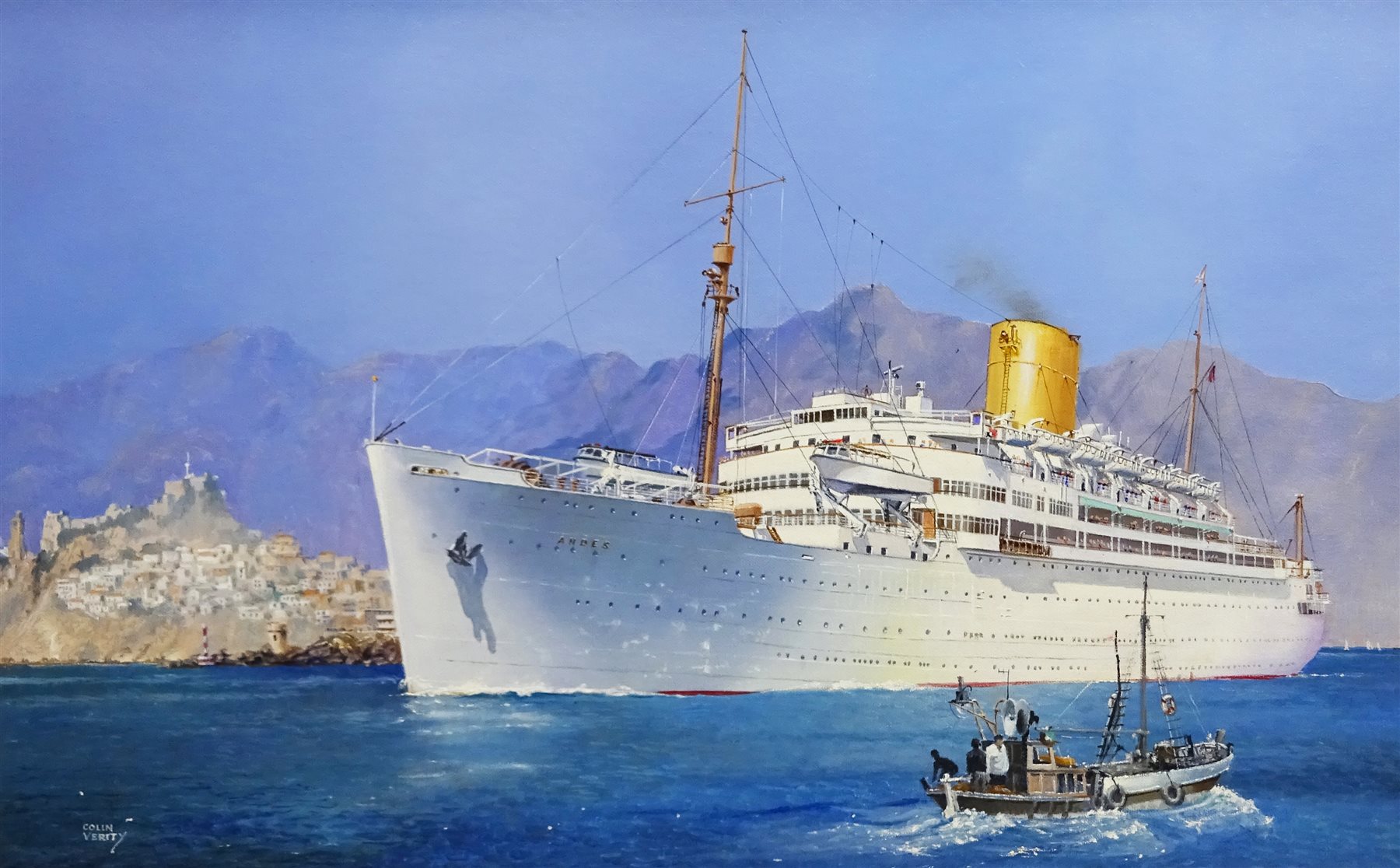 Colin Verity (British 1924-2011): 'Royal Mail Lines SS Andes Cruising in the Mediterranean', oil on board signed, titled verso on exhibition label 48cm x 75cm  Provenance: exh. Royal Society of Marine Artists, The Mall Galleries 1998, label verso  

