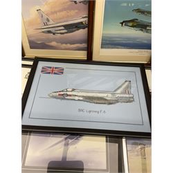 Thirteen framed and one unframed prints of military aircraft; and framed cross-stitch picture of a BAL Lightning F.6 (15)