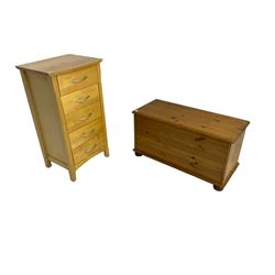 Traditional pine blanket chest, rectangular hinged top, on bun feet (W92cm D41cm H49cm); and beech pedestal chest, fitted with five drawers (W52cm D42cm H95cm)
