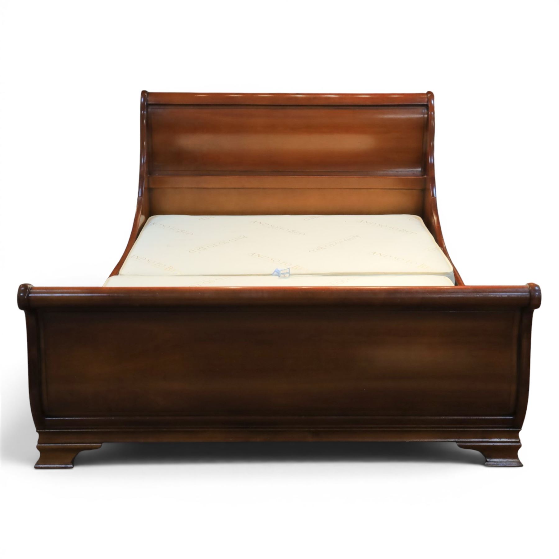 And So To Bed - 5' king size cherrywood sleigh bed, shaped scroll headboard and footboard with rounded cylindrical top rails, panelled boards and moulded side rails, on short bracket feet