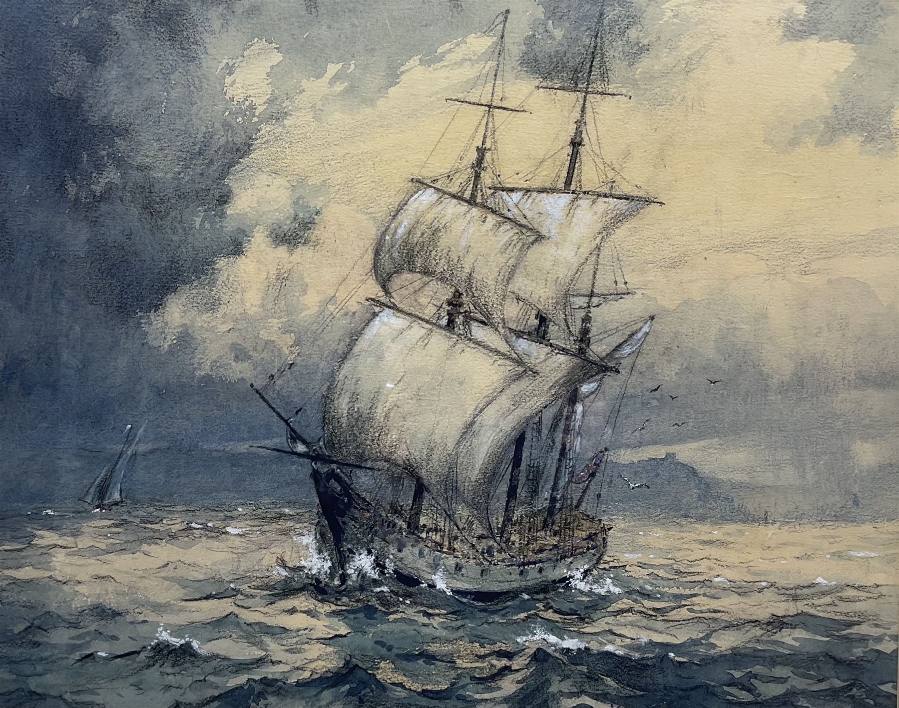 Robert Leslie Howey (British 1900-1981): Sailing Vessel off Whitby, charcoal and watercolour heightened in white signed 49cm x 62cm