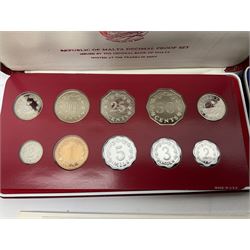 First National Coinage of Barbados 1973 proof eight coin set, from ten dollars to one cent, the ten dollar coin minted in sterling silver, the five dollar coin minted in 800 silver, and a Barbados 1974 proof eight coin set, both minted at The Franklin Mint, cased with certificates; two Republic of Malta decimal proof coin sets, dated 1978 and 1979, the 1979 one pound coin minted in sterling silver, both minted at The Franklin Mint, cased with certificates; Cayman Islands 1973 proof eight coin set, minted at the Royal Canadian Mint, cased; and a Cayman Islands 1979 proof eight coin set, the five dollar to fifty cents coins each minted in sterling silver, minted at the Franklin Mint, cased with certificate (6)