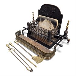 Victorian cast iron fire grate with Yorkshire Rose decoration, with guard and tools