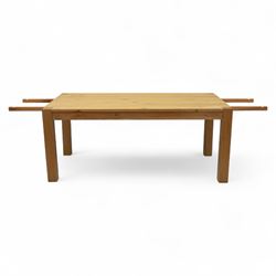 Modern oak dining table, rectangular form with detachable twin leaf extensions, supported on straight square-section legs (Extends to 280cm) 