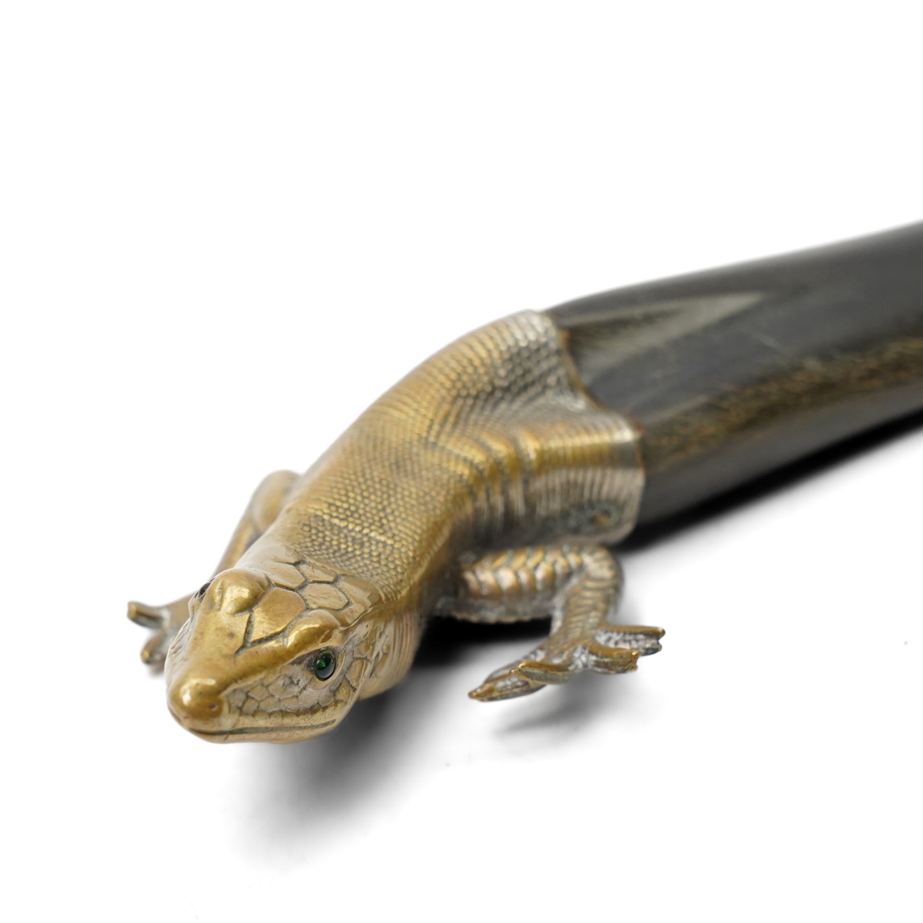 Brass and horn novelty letter opener, or paper knife, formed as a lizard with glass eyes, L25cm