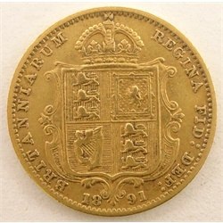  Queen Victoria 1891 gold half sovereign, shield back  