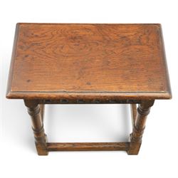 Two 19th century oak joint stools with carved frieze and turned supports