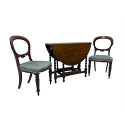 Pair of Victorian mahogany balloon back dining chairs (W49cm); 20th century oak drop-leaf dining table (W92cm); three small children's chairs (6)