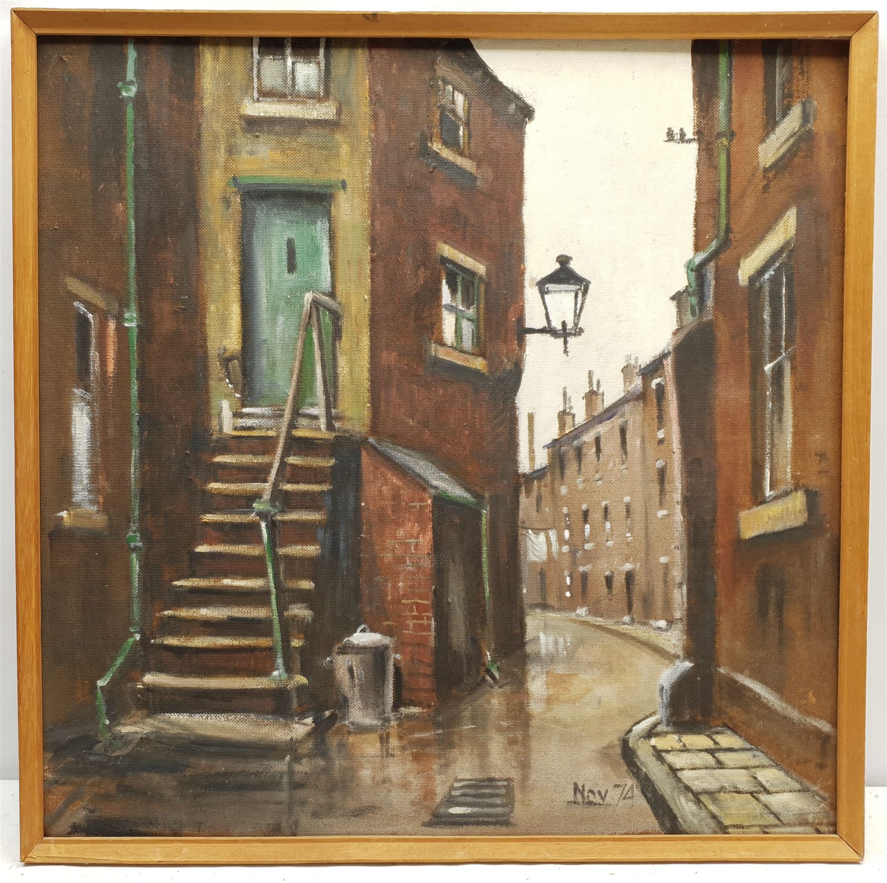 Stuart Walton (Northern British 1933-): Terraced Street Leeds, oil on board unsigned dated Nov. 74 - the reverse mounted with a canvas 'York Road Leeds' dated Sept. 74, 59cm x 59cm