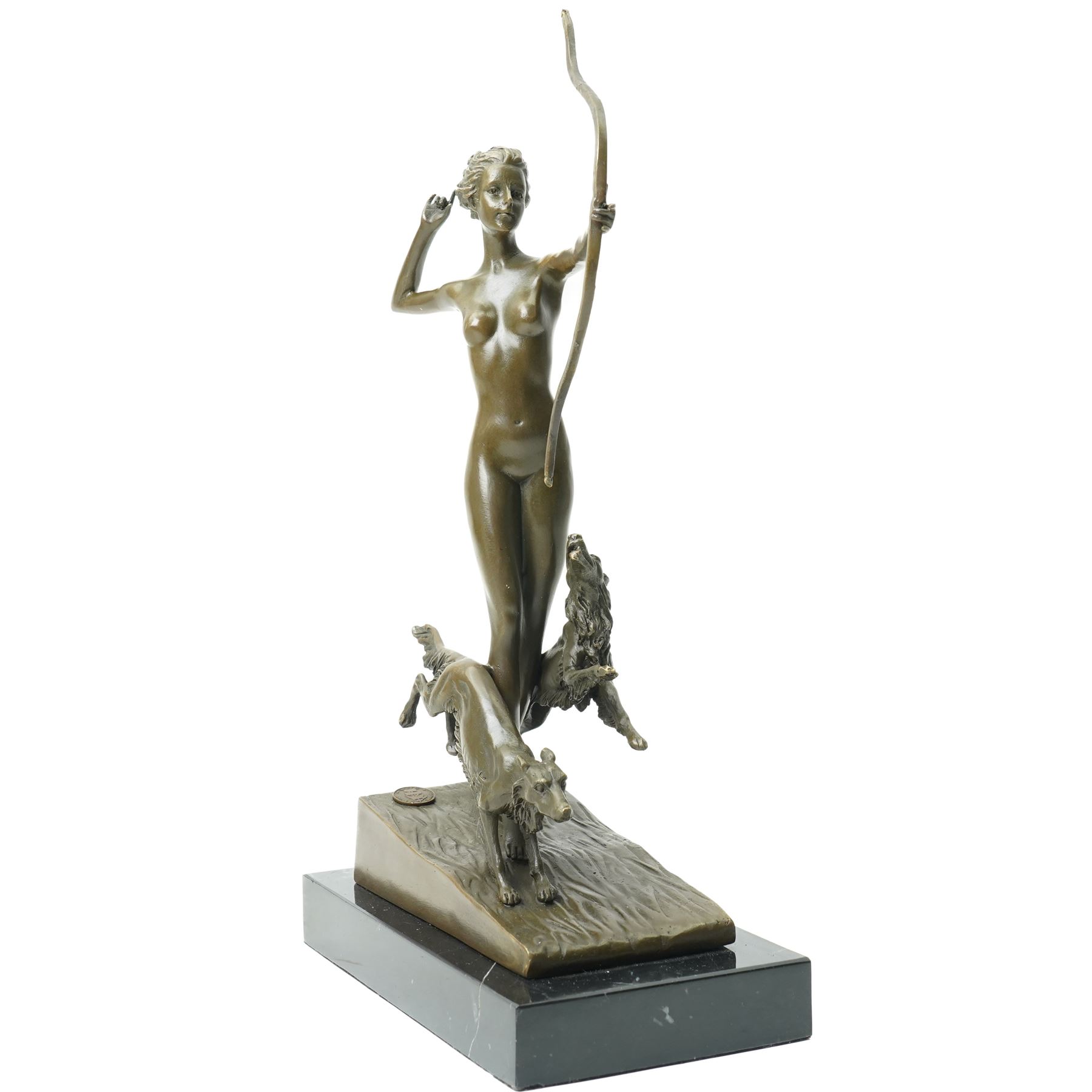 Art Deco style bronze, after Josef Lorenzl, modelled as a nude female figure holding a bow, with two dogs,  raised upon a rectangular base, H33cm