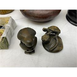 Set of five mud men figures, together with oriental carved hardstone figure, set of oriental thimbles in case, two Netsuke etc