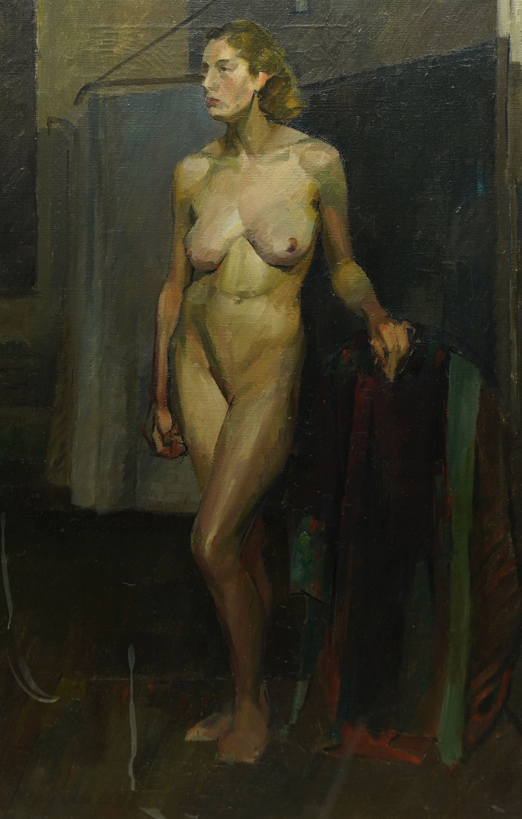 George Hodgkinson (British 1914-1997): Study of a Standing Female Voluptuous Nude, oil on canvas signed verso 75cm x 48cm