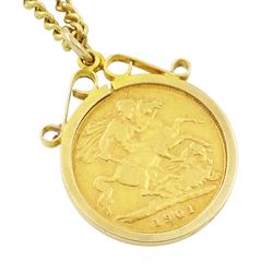 Queen Victoria 1901 gold half sovereign coin, loose mounted in 9ct gold pendant mount,hallmarked, on gilt chain