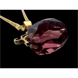 9ct gold amethyst glass spinner pendant, on 9ct gold chain necklace, both hallmarked