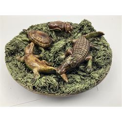 Late 19th Century Portuguese Palissy style Majolica wall plate circa 1870-80, the green moss ground applied with a Large Horned Beetle, Tortoise and Crocodile biting the tail of a Lizard, impressed 'Mafra, Caldas, Portugal' beneath, D18cm