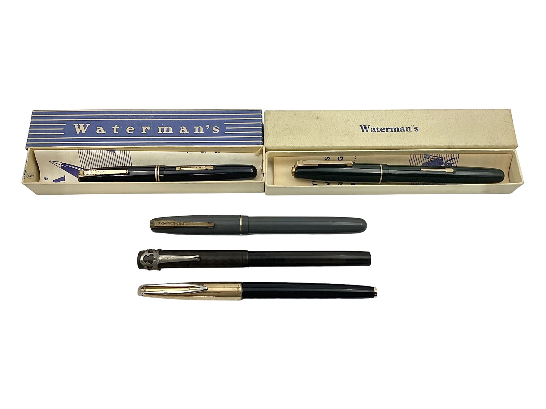 Five Waterman's fountain pens, to include Ideal, 152V, 701 etc, four with 14ct gold nibs
