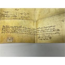 Three 17th/18th century manuscript deeds on vellum relating to properties in Bowling Alley Lane, Hull - one dated 16/12/1689 with seal 44 x 65cm; mortgage dated 20/2/1711 56 x 74cm; and assignment of mortgage dated 5/5/1727 with seal; all folded (3)
