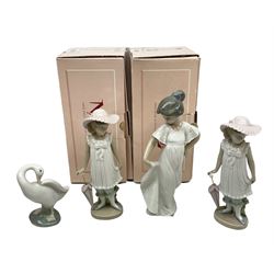 Quantity of figures to include Lladro example modelled as swan together with three Nao figures to include two April Showers no 1126, two with boxes 