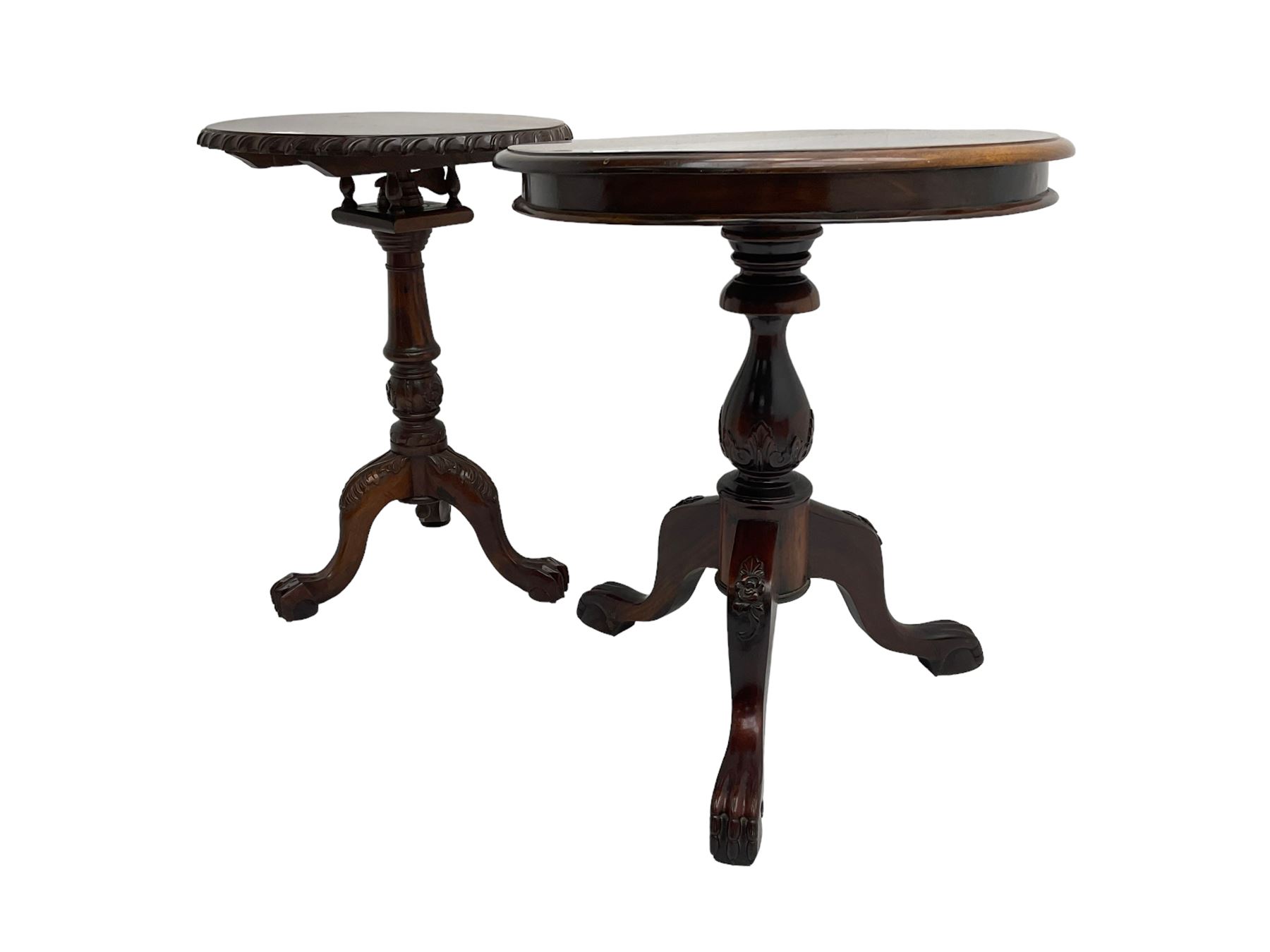 Georgian design mahogany pedestal occasional table, carved edge over birdcage action support, tripod base with acanthus leaf decoration and ball and claw feet (W50cm H70cm); Georgian design occasional table, circular top over vasiform pedestal with tripod base (W59cm H70cm)