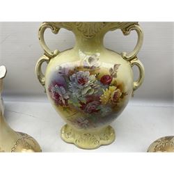 Fieldings Crown Devon Windsor pattern wash jug and bowl, together with two blush ivory ewers and other Victorian ceramics to include twin handled vase of flattened form and jug, tallest H36cm