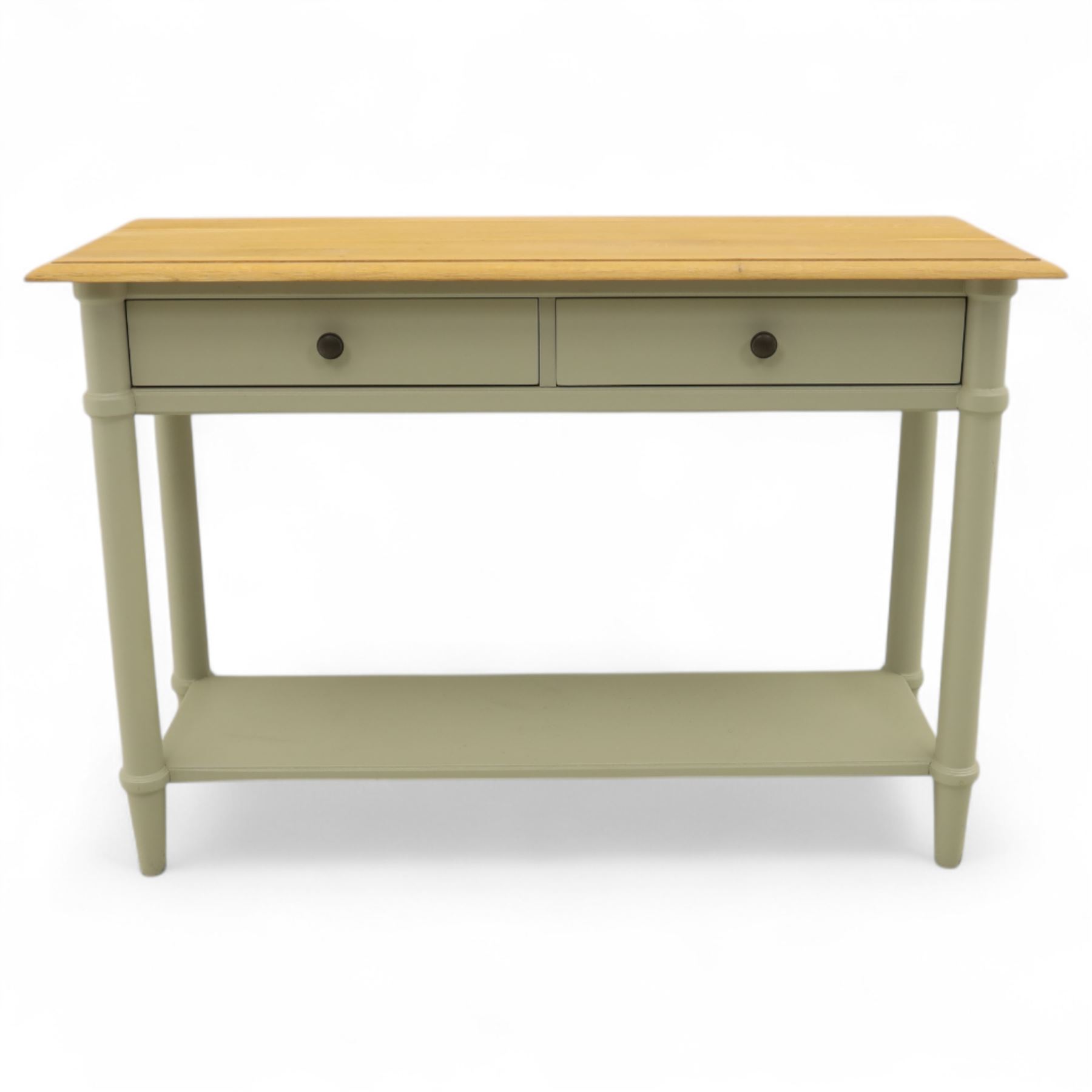 John Lewis - contemporary painted console table, rectangular oak top over single frieze drawer with turned knob handles, raised on four turned supports with lower platform shelf
