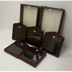  Pair of wall mounting glass fronted display cases for die-cast models, each with adjustable glass shelves and mahogany stained frame 44 x 79cm, and five other similar smaller display cases with fixed shelves 36 x 42cm (7)  