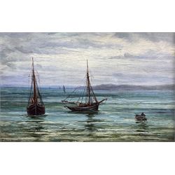 Thomas Barrett (Staithes Group 1845-1924): 'Clovelly Fishing Boats', oil on canvas signed and dated 1879, titled on label verso 14cm x 22cm
