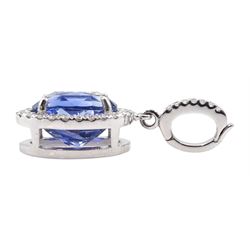 18ct white gold oval Ceylon sapphire and diamond pendant, stamped 750, sapphire approx 7.20 carat
