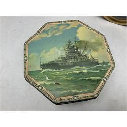 WWII period US Navy Mark I deck clock, the black circular dial with Arabic numerals,  luminous dot markers and subsidiary seconds dial marked 'Mark I Deck Clock U.S. Navy 15211 1941', in bronze bulk head case D20cm; and a Loose-Wiles Biscuit Company octagonal tin decorated with nine different US Warships (2)