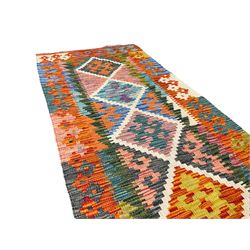Afghan Maimana Kilim multi-colour runner rug, field decorated with six central geometric lozenges surrounded by an ivory border, the bands with repeating diamond shapes