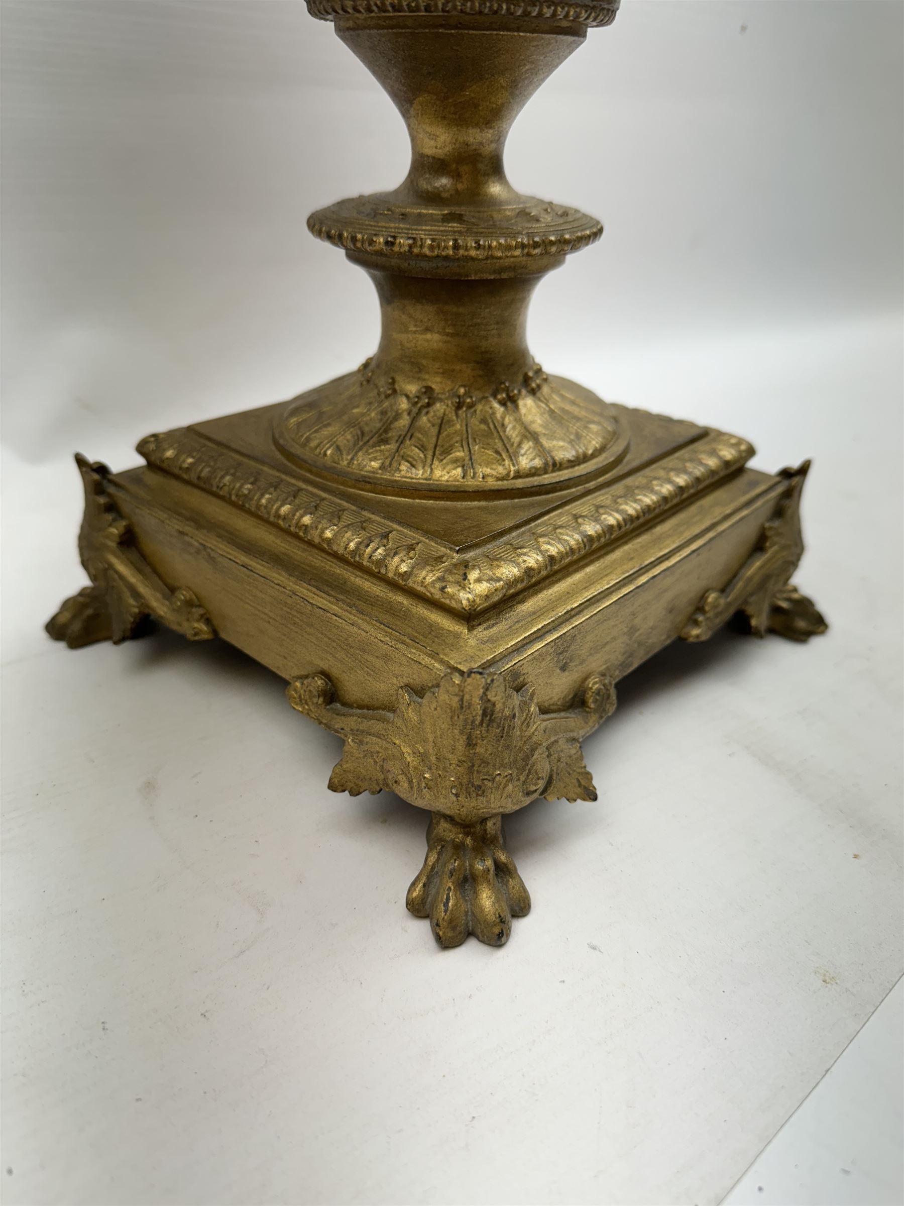 19th century gilt brass mounted lamp base, raised upon lions claw feet, H43cm