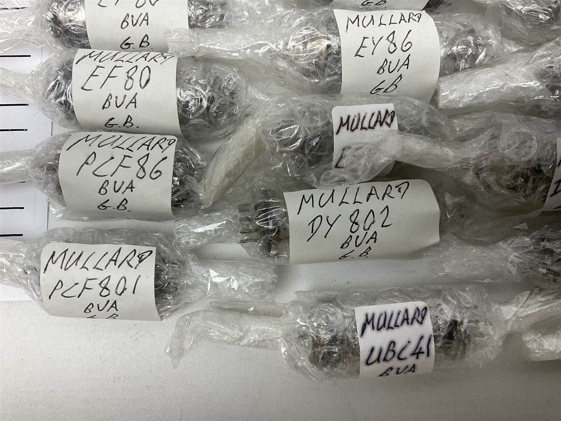 Collection of Mullard thermionic radio valves/vacuum tubes, including IW3, ECH35, ECL80, 6F23, PY88 etc approximately 60 as per list, unboxed