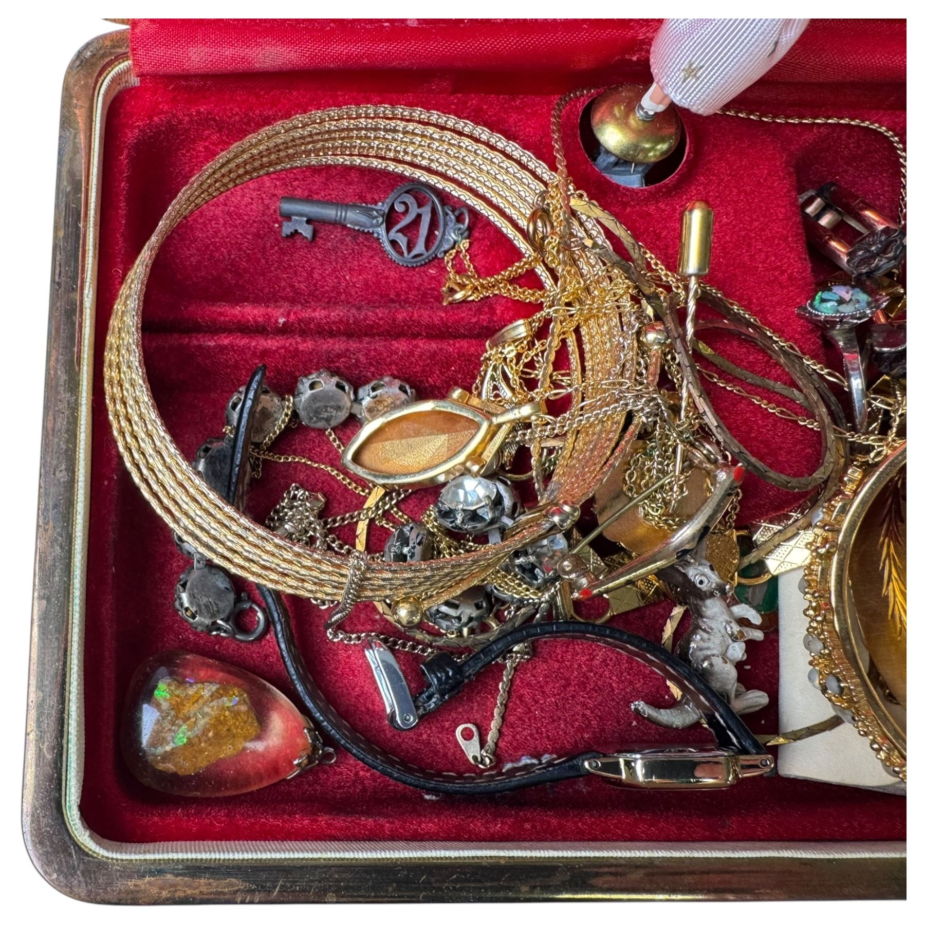 Silver charm bracelet, gold plated heart locket, and a collection of costume jewellery