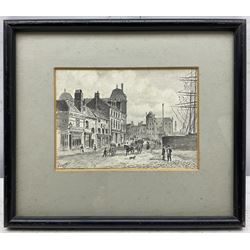 Frederick Schultz Smith (Hull 1860-1925): 'Old North Bridge Hull', monochrome watercolour and ink signed and dated '97, titled in a later hand verso 8.5cm x 12cm; Hull Views, three circular watercolours, two signed, max dia. 15.5cm (unframed) (4) 
Notes: Born in Worthing, Sussex in 1860, F S Smith came to Hull as a small child and lived most of his life in the old St. John's Wood area in west Hull; he was still drawing in his sixties shortly before his death in 1925. Much like his near contemporary and fellow Yorkshire artist Albert Thomas Pile (1882-1981), his drawings are visual 'snapshots' in time, often produced to record buildings that were due to be demolished. Smith was commissioned to produce around three hundred drawings for C E Fewster, a paint maker in Hull who collected historical records. Some were also used as illustrations in books and newspapers, such as the Eastern Morning News, whilst others were sold to the owners of premises which he had drawn.