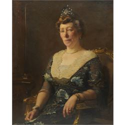 European School (Early 20th century): Half-Length Seated Portrait of Ellen Gustava Mathilda Weston (née af Klint) (Swedish 1860-?) wearing a Tiara and Gown, oil on canvas signed and dated 1915, labelled verso 90cm x 74cm
Notes: label verso reads: 'Ellen Gustava Mathilda Weston (born 1860 at Tunaberg) née af Klint, daughter of Eric Johan Gustaf af Klint and of Mary Stewart. She married Edward Weston, son of Arthur Henry Weston, born 1850 of Southampton.' The af Klint name is notably associated with the Swedish nobility and cultural legacy, including the abstract artist Hilma af Klint.