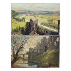 Arthur Tunstall (British mid/late 20th century): 'Goodrich Castle on the River Wye' and a companion Castle view,  pair oils on canvas the first signed with initials and titled verso on artist's studio label dated 1971, 40cm x 61cm (2) unframed