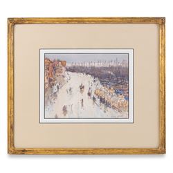 Nelson Ethelred Dawson (British 1859-1941): Sandside Scarborough and the Golden Ball with the Herring Fleet in the Harbour, watercolour signed 21cm x 27cm