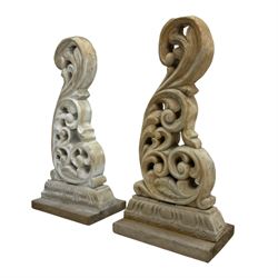 Pair of carved beech table end supports, s-scroll form pierced and carved with scrolls and foliage