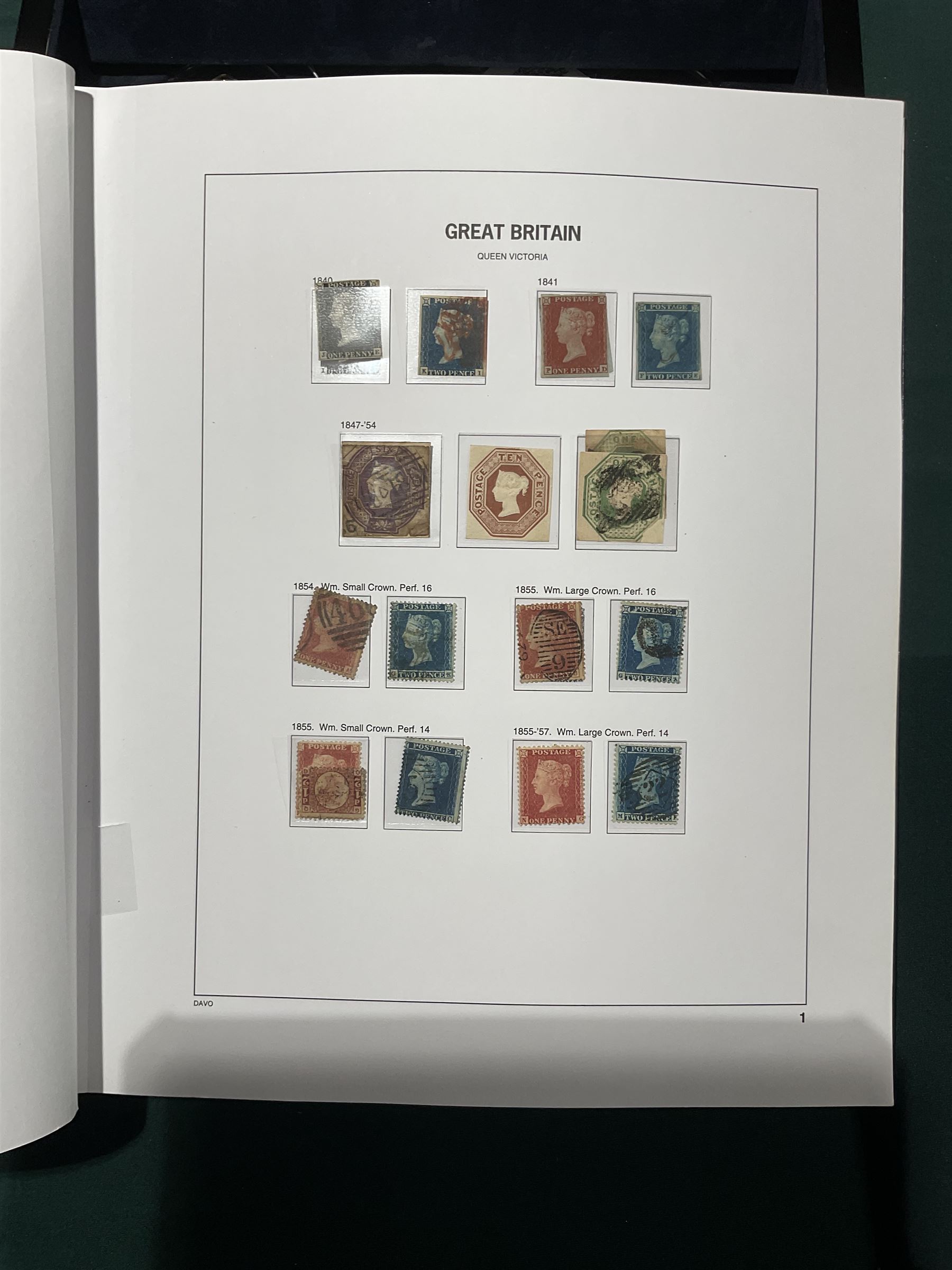 Extensive single album collection of Great British Queen Victoria and later stamps, including QV penny black with three margins, 1840 two pence blue, perf two pence blues with white lines added, QV one pound brown lilac, QV one pound green, King George V seahorses, 1929 Postal Union Congress one pound black, King George VI 1939-48 set of six with ten shillings dark blue, Queen Elizabeth II pre-decimal issues, housed in a Stanley Gibbons Great Britain 2001 album, a well presented collection with few ommissions